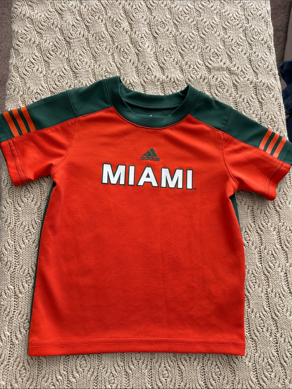 Adidas Orange & Green University of MIAMI Hurricanes Kids Short Sleeve Tee